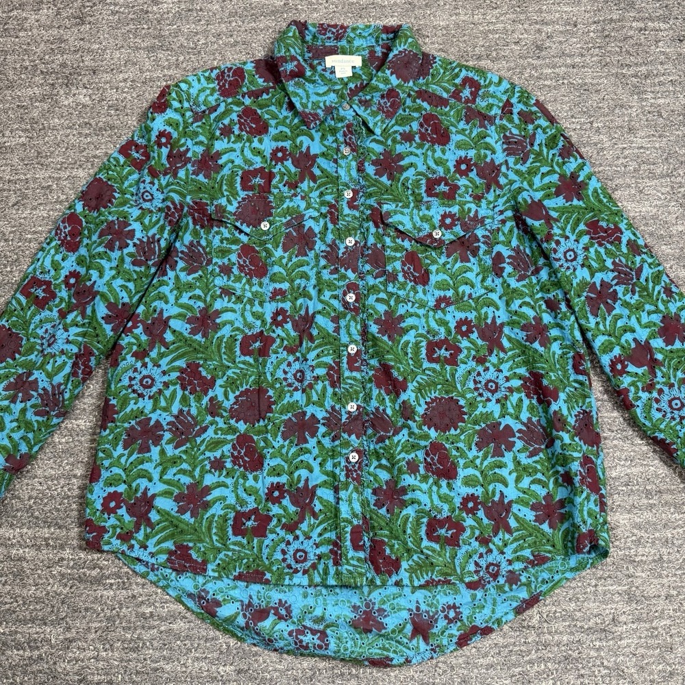 Sundance Top Women Small Petite SP Teal Floral Rhea Eyelet Button Up Long Sleeve